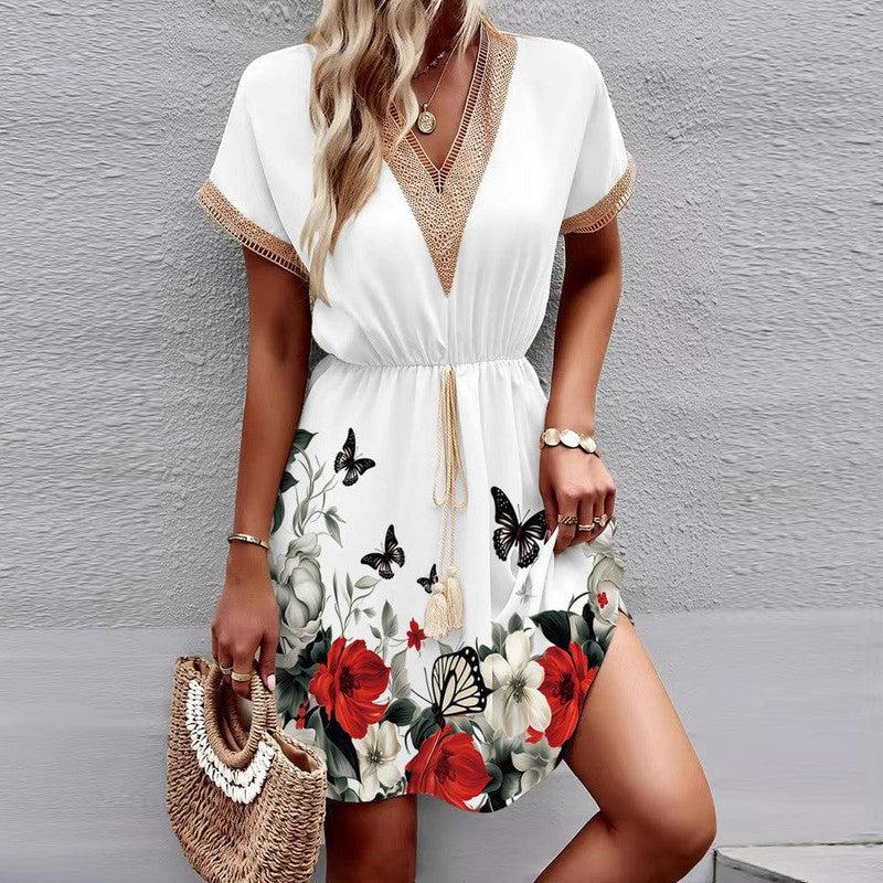 Cheky - Printed Short Sleeve Lace V-neck Tight Waist Dress