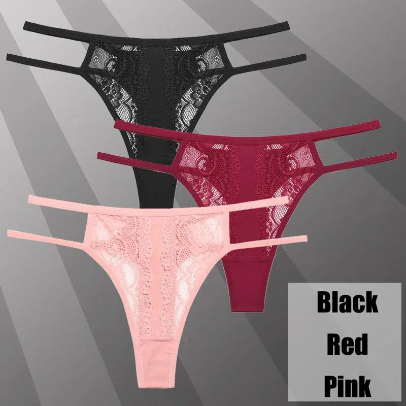 Cheky - 3Pcs/Set Sexy Lace Hollow Out Thongs Women Panties Low Waist Transparent G-String Underwear Female Breathable Intimates Lingerie