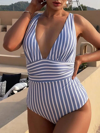 Cheky - Striped One Piece Swimsuit Vintage Swimwear Women V-neck Bathing Swimming Suit Female Summer Beachwear Bodysuit