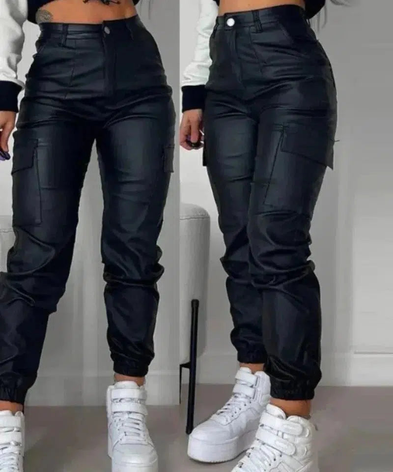 Cheky - Women Elegant Harajuku Streetwear Black Cargo Pants Motorcycle Pu Leather High Waist Harem Jogger Trousers Clothes