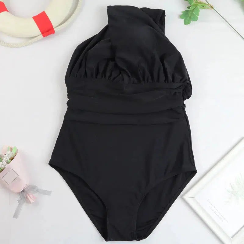 Cheky - One Piece Swimsuit Women Sexy Cross Bandage High Waist Padded Solid Backless Bikini Halter Tankini Swimwear Female Bathing Suit