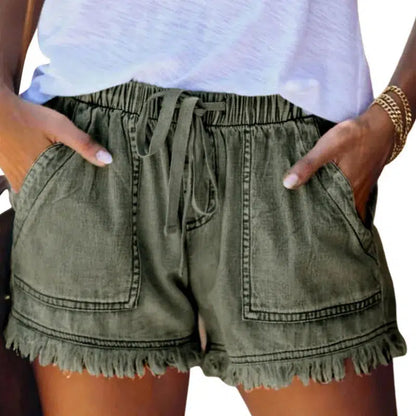 Cheky - Casual Drawstring Elastic Waist Frayed Hem Loose Short Jeans