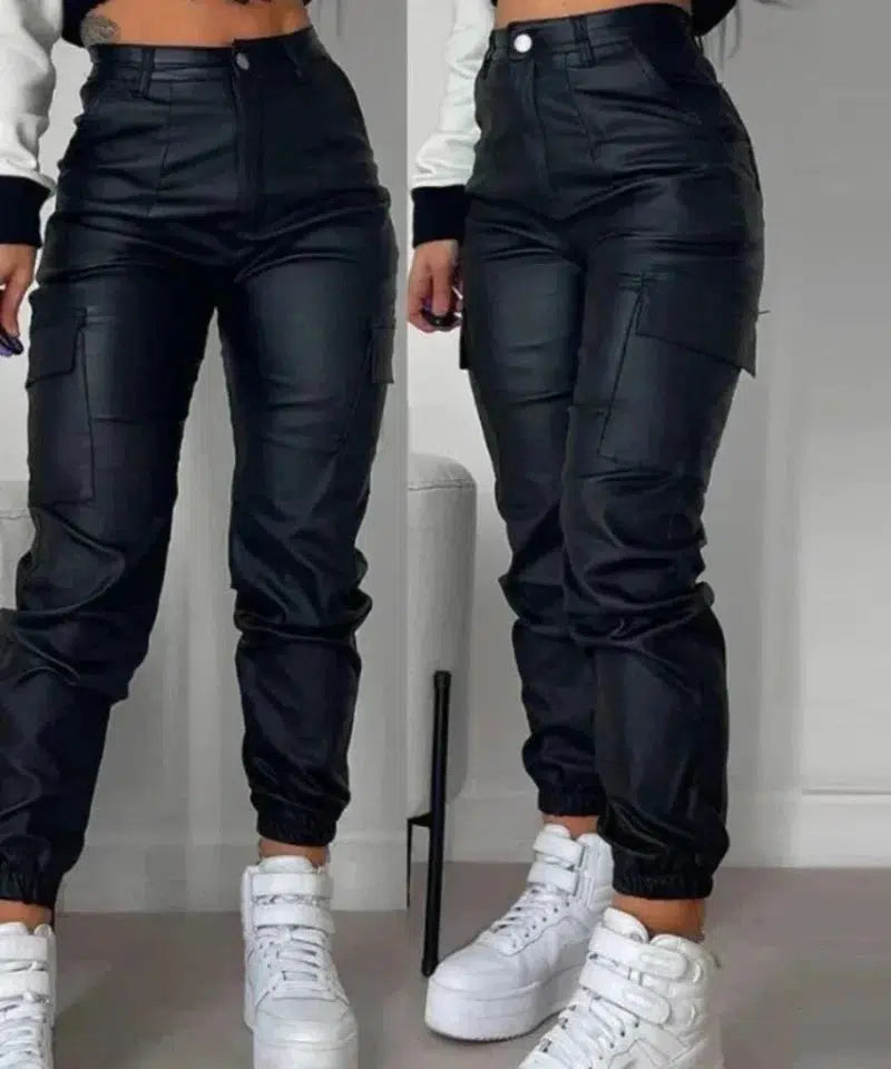 Cheky - Women Elegant Harajuku Streetwear Black Cargo Pants Motorcycle Pu Leather High Waist Harem Jogger Trousers Clothes