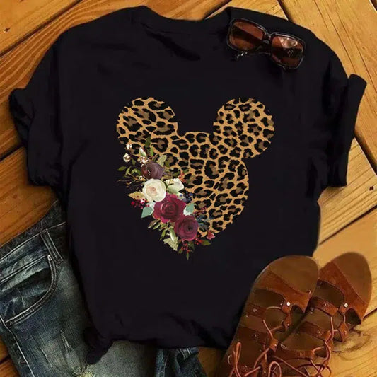 Cheky - Disney T Shirt Women Flower Minnie Mouse Clothes Leopard Print Kawaii T-Shirt Summer Tops Harajuku Black Women Tees