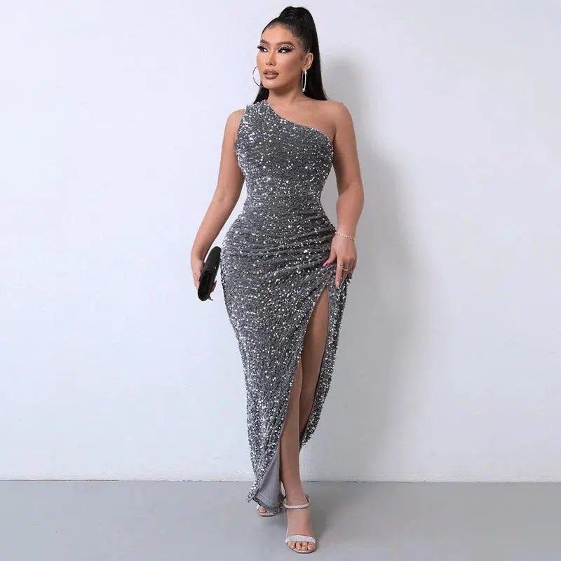 Cheky - Party Dresses For Women Sexy Sequin Night Robe One Shoulder Sleeveless Bodycon Evening Maxi Dress Clothing New Arrivals