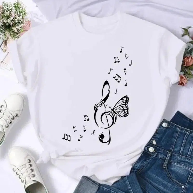 Cheky - Short Sleeve Butterfly Bow Sweet Flower Fashion Summer Women Print T Shirt Female Casual Top Tshirts Cartoon Graphic Tee T-Shirt