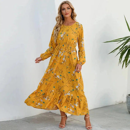 Cheky - 2023 Sping Summer Bohemian Women Maxi Dress Casual Long Sleeve High Waist Beach Woman Chiffon Dresses Floral Vestidoes Mujer New