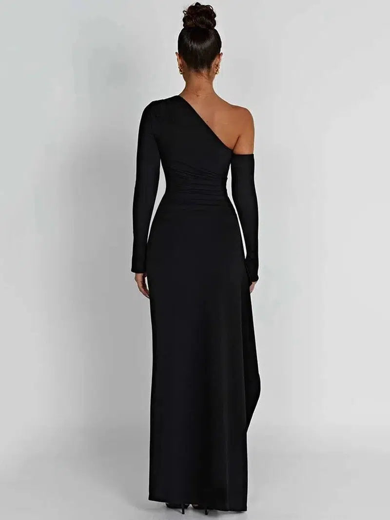 Cheky - Oblique Shoulder High Split Maxi Dress - Sexy Backless Party Wear