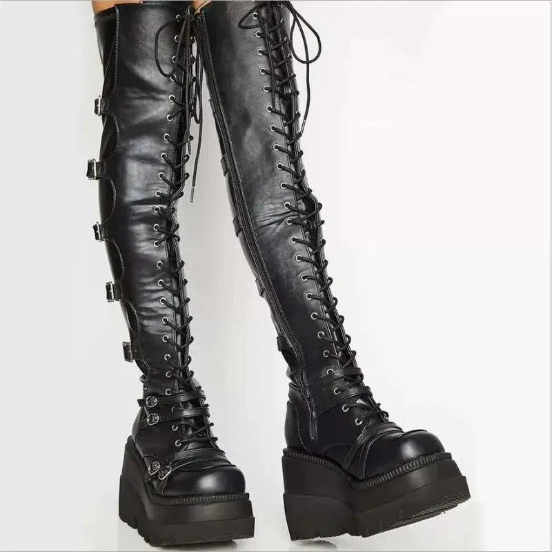 Cheky - Gothic Thigh High Boots Women Platform Wedges Motorcycle Boot Over The Knee Army Stripper Heels Punk Lace-up Belt Buckle Long