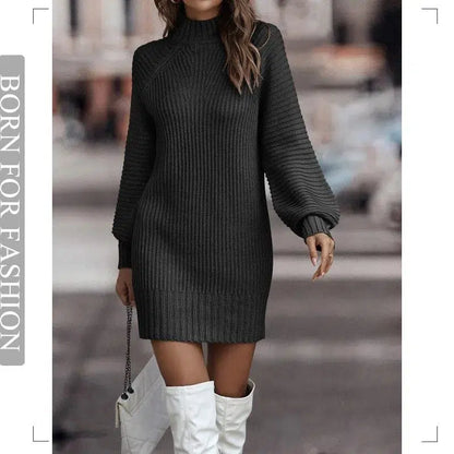 Cheky - Vintage Winter Knitted Dress Ladies Chic Turtleneck Lantern Long Sleeve Mini Sweater Dresses for Women New Arrival Clothes