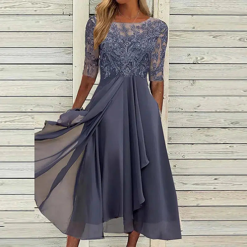 Cheky - New Elegant Green Party Dress Women O Neck Lace Half Sleeve Prom Dresses For Women Solid A-Line Dress Boho Sexy Long Dress