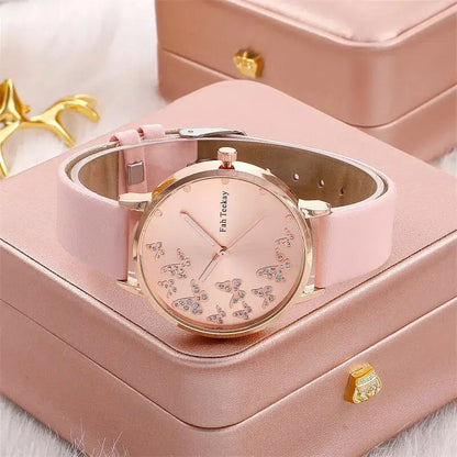 Cheky - 2pcs Set Womens Butterfly Watches Ladies Fashion Watch New Simple Casual Women Analog WristWatch Bracelet Gift