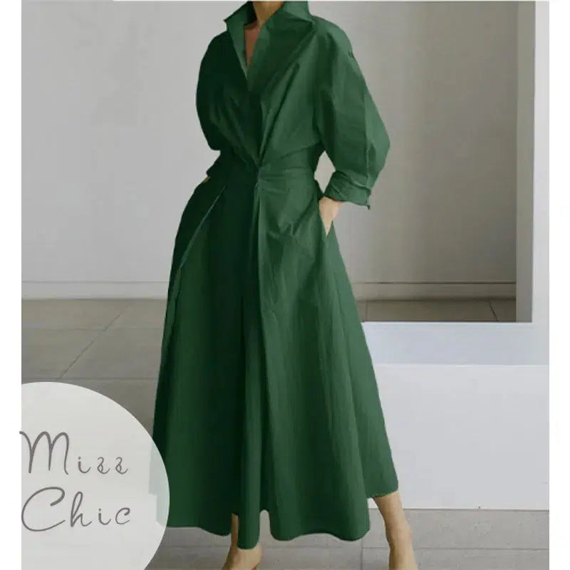 Cheky - S-5XL Korean Fashion Long Sleeve Shirt Dress Chic Turndown Neck Ruched Maxi Dress Women Autumn Winter Clothes Streetwear