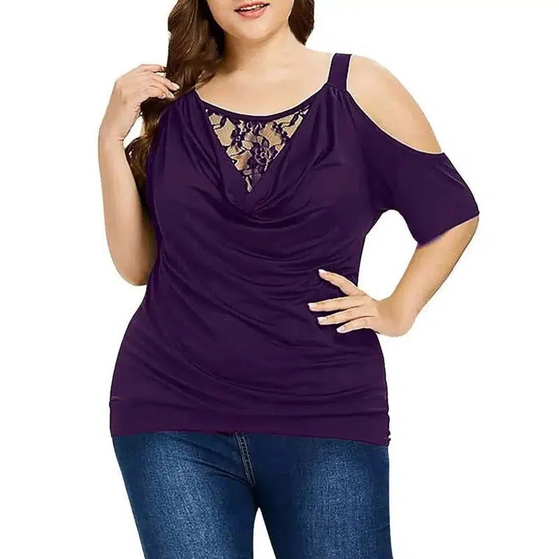 Cheky - Plus Size Summer Women Blouse Lace Short Sleeves Hollow Out Solid Color See-through Off Shoulder Shirts Blouse Top