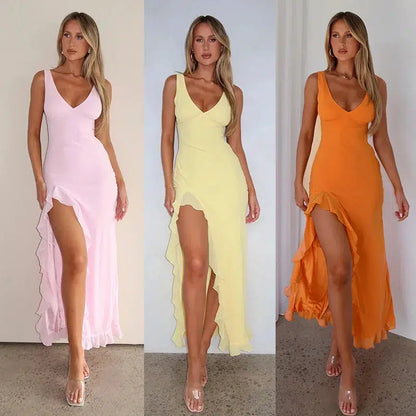 Cheky - Elegant Sleeveless Ruffle Maxi Dress - Sexy Deep V Neck Summer Wear