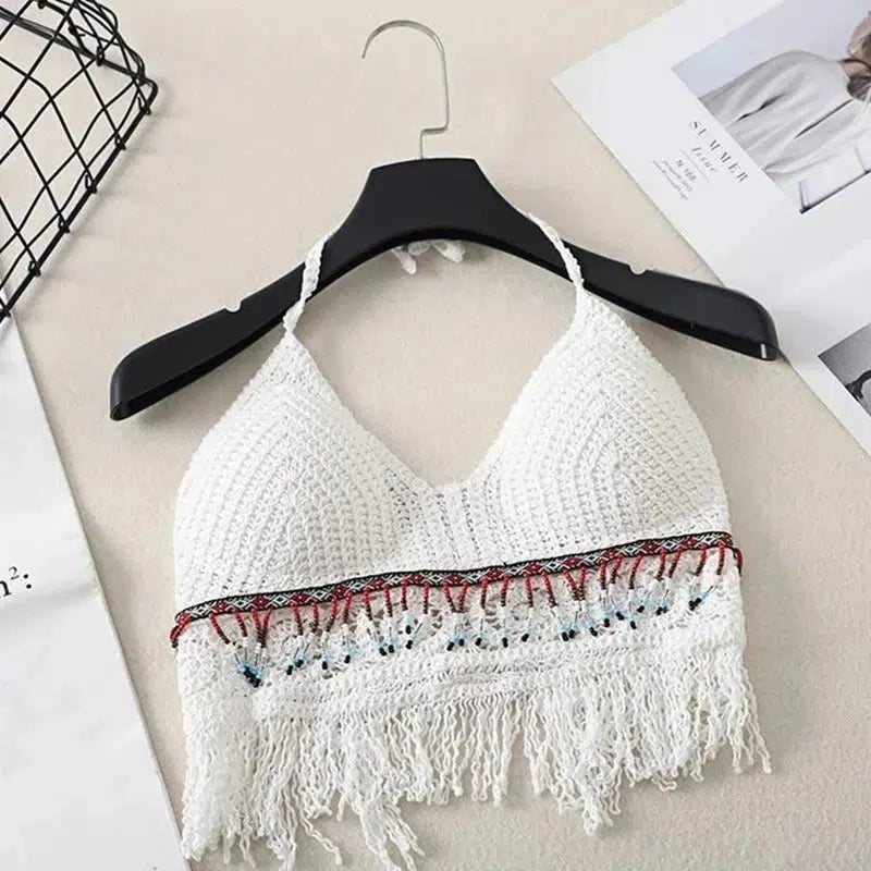 Cheky - Sexy Boho Beach Holiday Camisole Halter Women Crochet Knit Swimsuit Bra Backless Vest Hollow Tassel Tank Top Women's Crop Tops