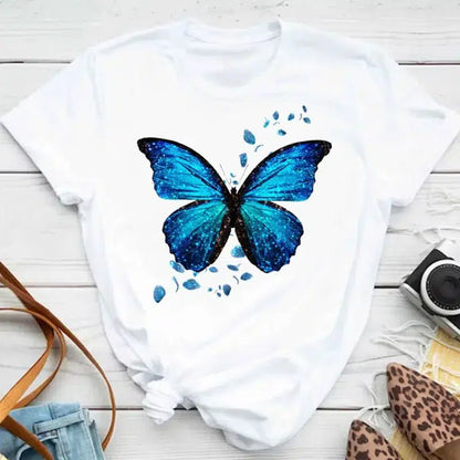 Cheky - New Fashion Women T-shirt Colorful Butterfly Petal Print Short Sleeve and Round Neck Cute Graphic Tee Shirts Female Tops Clothin