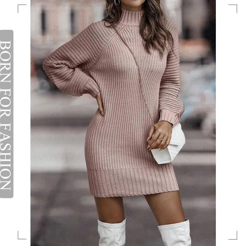 Cheky - Vintage Winter Knitted Dress Ladies Chic Turtleneck Lantern Long Sleeve Mini Sweater Dresses for Women New Arrival Clothes