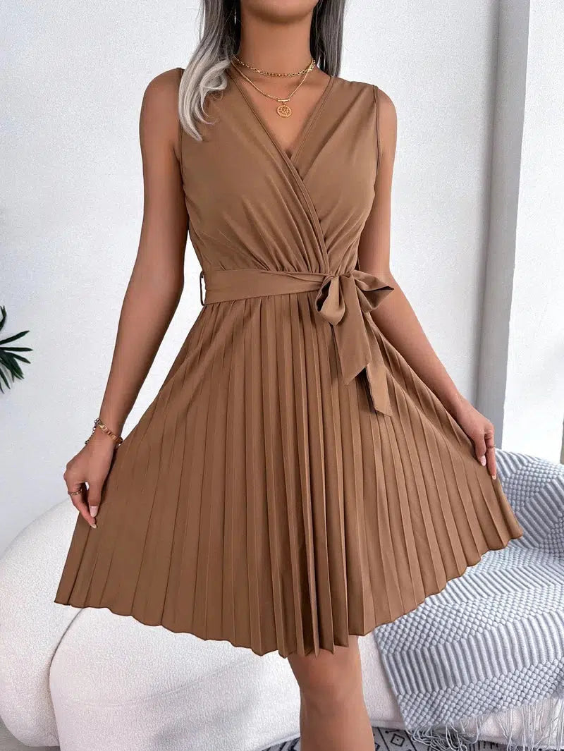 Cheky - Elegant Women V-Neck Pleated Dresses Summer Long Spaghetti Strap Dress Ladies Party Dresses Without Belt Vestidos De Fiesta