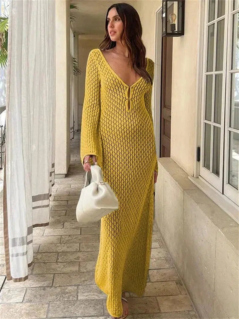 Cheky - Tossy White Knit Fashion Cover up Maxi Dress Female See-Through V-Neck Hollow Out Beach Holiday Dress Knitwear Backless Dress