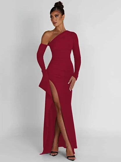 Cheky - Mozision Oblique Shoulder Thigh High Split Maxi Dress Women Long Sleeve Backless Bodycon Sexy Club Party Long Dress Vestidos