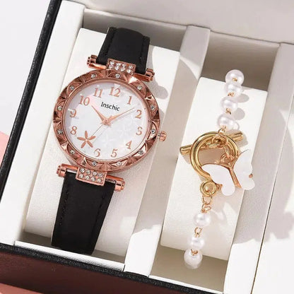 Cheky - Female New Luxury Ladies Watch Bracelet Set Quartz Wristwatch 2 PCS Set Women Watch Clock Gift Leather Strap Reloj Mujer