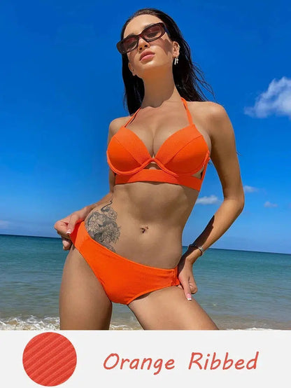 Cheky - Andzhelika Solid Push Up Bikinis Women Bandage Bikini Sets Swimsuit Sexy Halter Two Pieces Beachwear Bathing Suit Swimwear