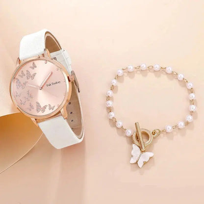 Cheky - 2pcs Set Womens Butterfly Watches Ladies Fashion Watch New Simple Casual Women Analog WristWatch Bracelet Gift