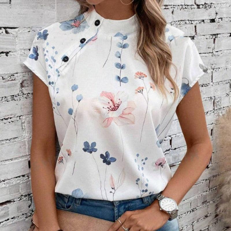 Cheky - Women's Casual Stand Collar Short-sleeved Digital Printed Top T-shirt