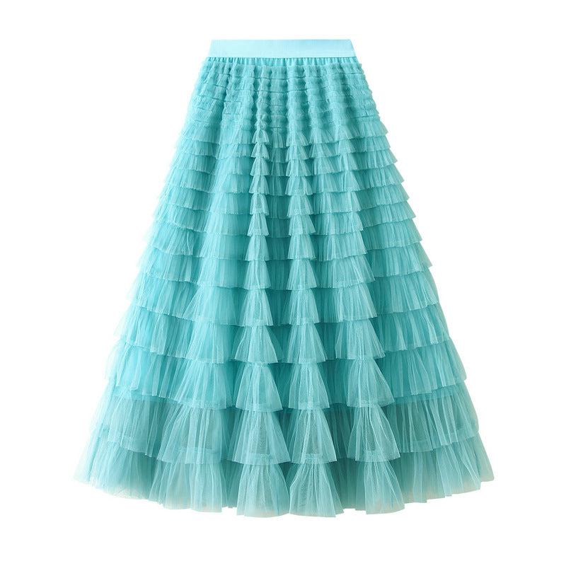 Cheky - A-Line Mesh Ruffle Skirt Women's Temperament Sweet Long Skirt Slim Cupcake Dress Womens Clothing