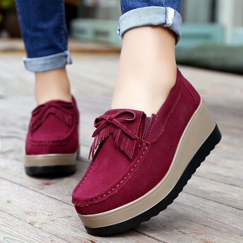 Cheky - New Tassel Bow Design Shoes For Woman Fashion Thick Bottom Wedges Shoes Casual Slip On Solid Color Flats