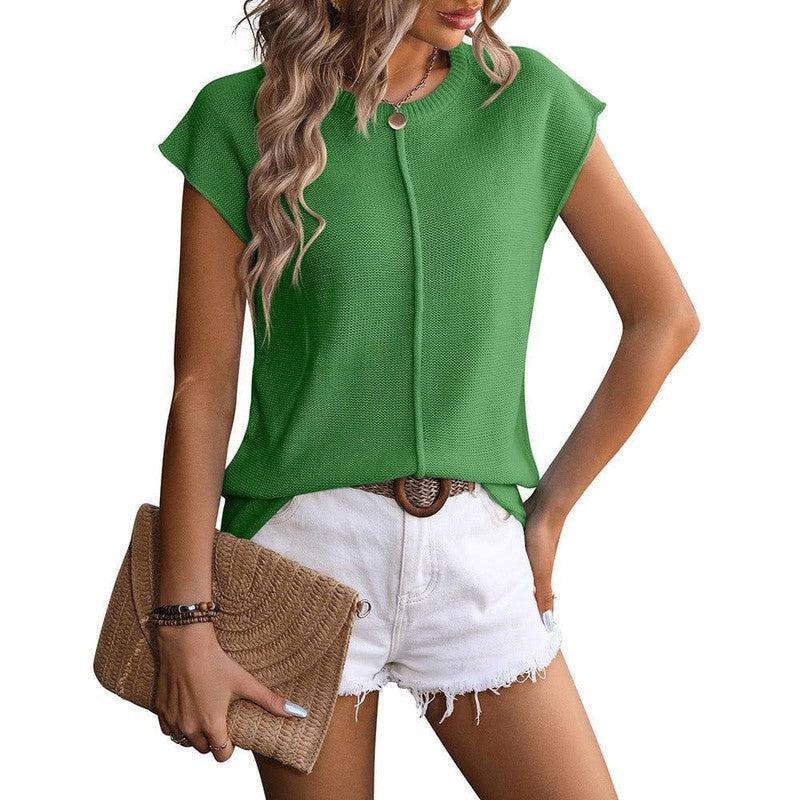 Cheky - New Knitted Round Neck Short-sleeved Top Summer Casual Loose Solid Color T-shirt Womens Clothing