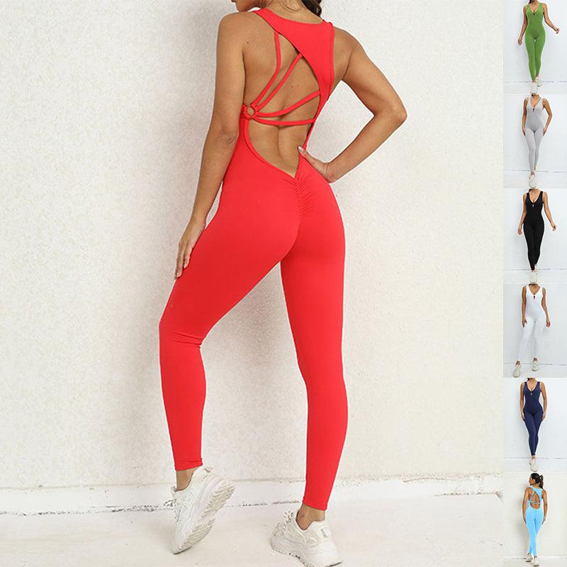 Cheky - Yoga Jumpsuit V-shaped Back Design Sleeveless Fitness Running Sportswear Stretch Tights Pants For Womens Clothing