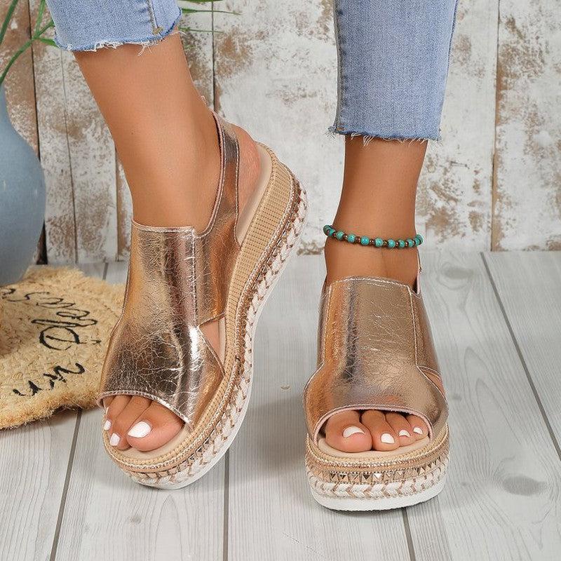 Cheky - Summr Shiny Sandals Hollow Design Fish Mouth Sandal For Women Fashion Buckle Wedges Shoes