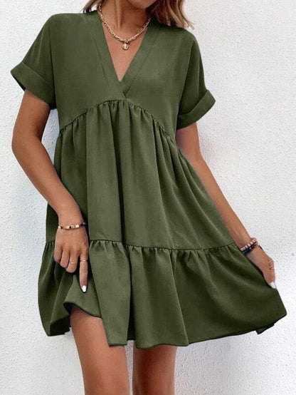 Cheky - New Short-sleeved V-neck Dress Summer Casual Sweet Ruffled Dresses Solid Color Holiday Beach Dress For Womens Clothing