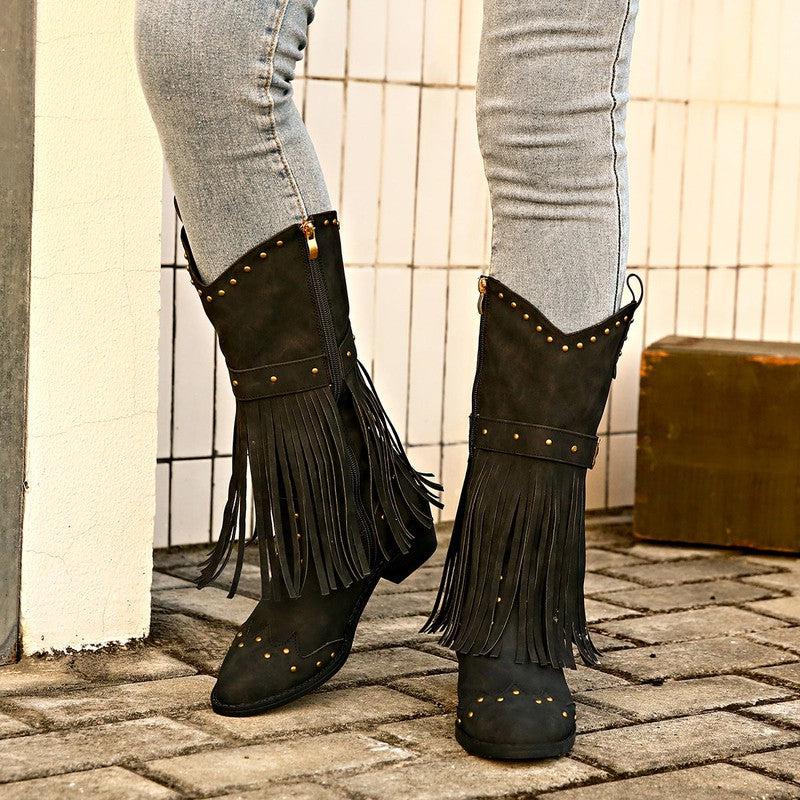 Cheky - Retro Tassel Boots With Rivet Strap Buckle Design Shoes For Women Winter Footwear Fashion Mid-calf Square Heel Knight Western Boots