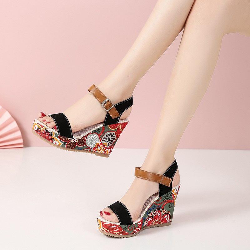 Cheky - Fashion Flowers Embroidered High Wedge Sandals For Women Summer Toe Platform Buckle Shoes