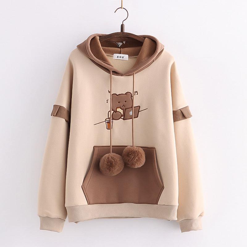 Cheky - Hooded Bear Embroidery Plus Velvet Sweater Loose And Thin Coat Women