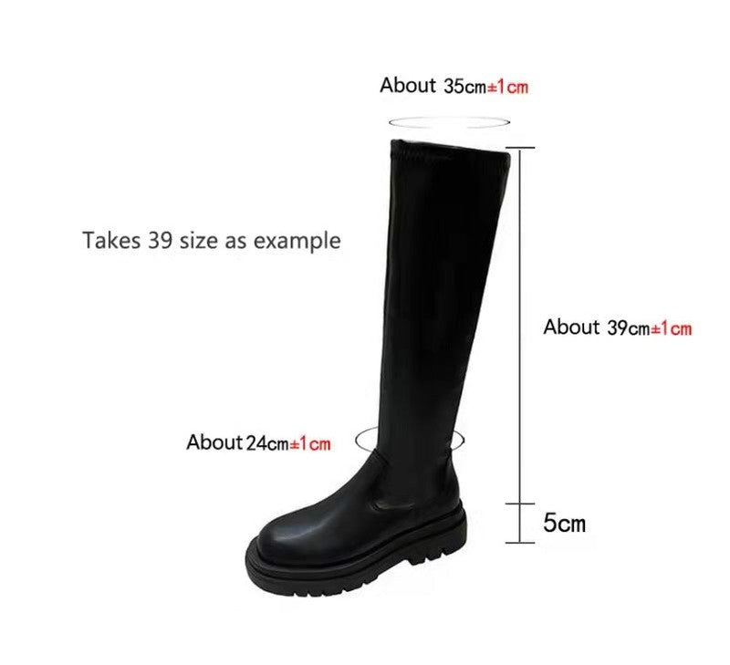 Cheky - Thick Sole Knee High Boots For Women Chunky Heel Black Long Boots Leather Knight Boots Fashion Winter Shoes