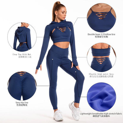 Cheky - 3pcs Sports Suits Long Sleeve Hooded Top Hollow Design Camisole And Butt Lifting High Waist Seamless Fitness Leggings Sports Gym Outfits Clothing