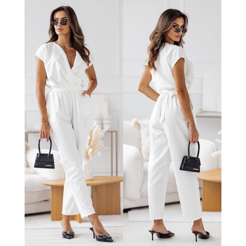 Cheky - Fashion Solid Color Slimming Short-sleeved Jumpsuit Summer Lace-up Trousers Womens Clothing