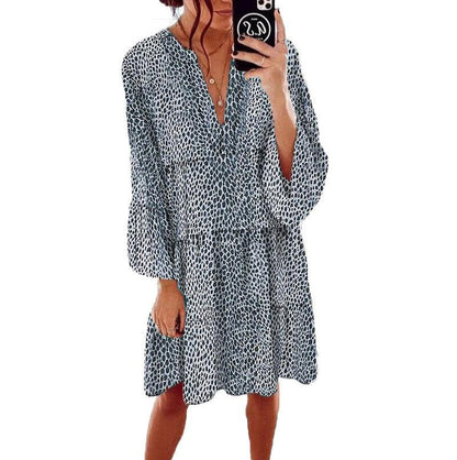 Cheky - Women's Clothing Leopard Print V-neck Plus Size Loose Long Sleeve Dress