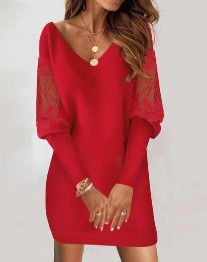 Cheky - Long-sleeved V-neck Dress Spring And Autumn New Style Lace Splicing Dress For Womens Clothing