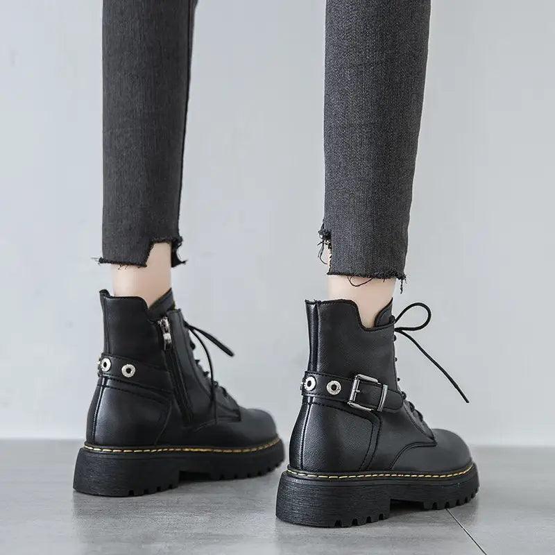 Cheky - British style Martin boots women thick-soled Harajuku black short boots