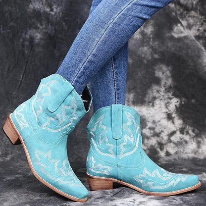 Cheky - Cowboy Boots Women Embroidery Wedge Heel Shoes Western Cowgirl Boots