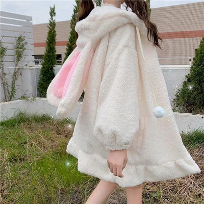 Cheky - Cute Ears Hooded Padded Lamb Wool Coat