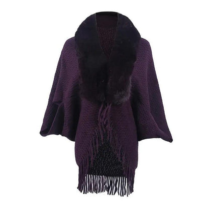 Cheky - Drizzling Fur Collar Knitted Tassel Cape Coat Women