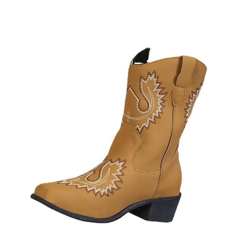 Cheky - Embroidery Western Boots Chunky Mid Heel Cowboy Boots Women Shoes