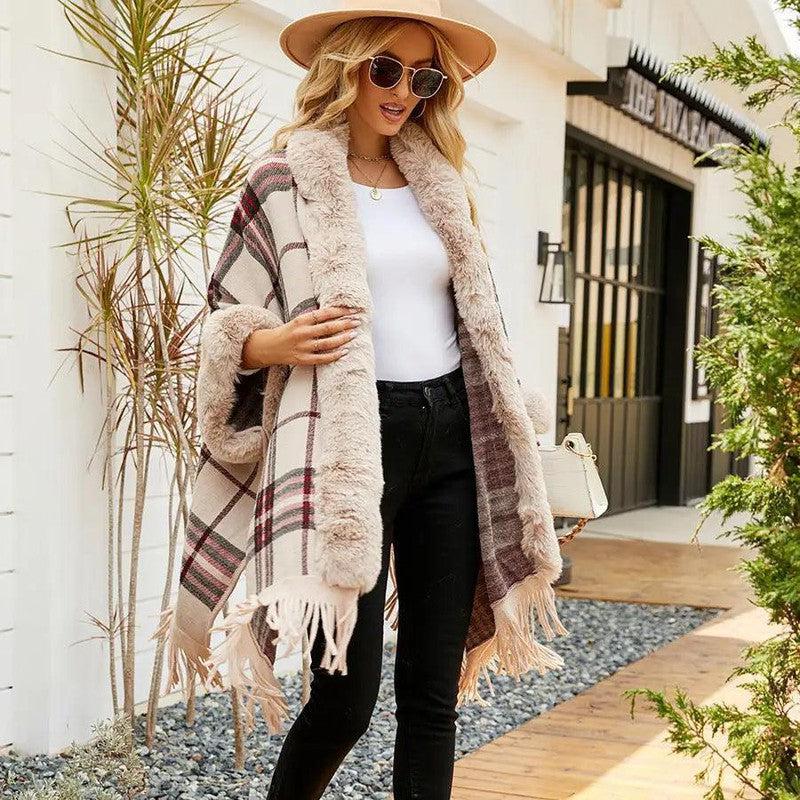 Cheky - Fringe Cardigan Plaid Shawl Sweater Women's Dress