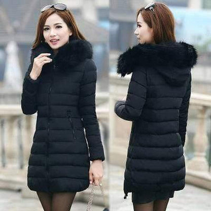 Cheky - Fur collar mid-length thick down cotton